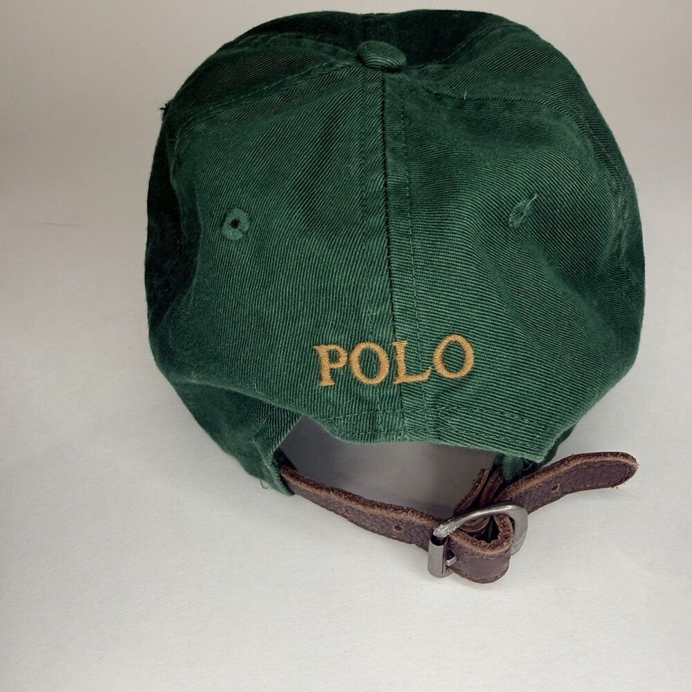 VTG Polo Ralph Lauren Hat Leather Strap Mens One Size Green Embroidered Pony - Picture 3 of 8